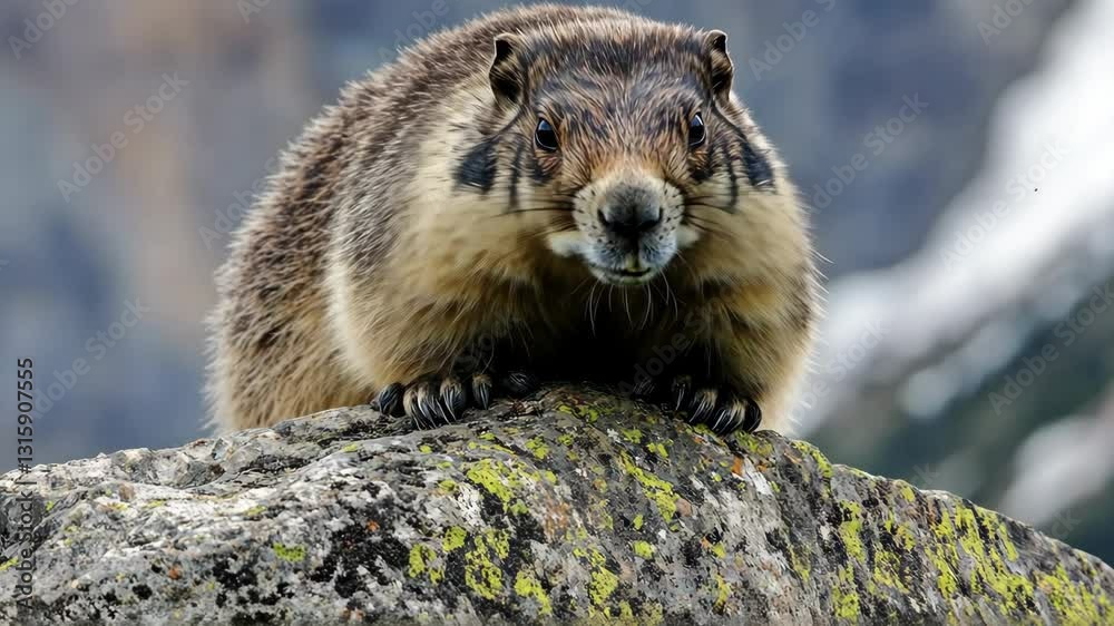 Marmot resting on rocky surface in mountainous landscape during daytime Marmot resting on rocky surface in mountainous landscape during daytime