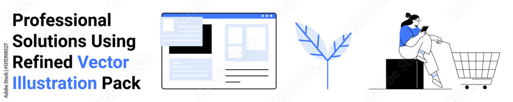 Web page mockup, minimal branch, seated woman scrolling on phone by shopping cart. Ideal for tech, innovation, minimalism, e-commerce, digital marketing, modern lifestyle flat landing page banner Web page mockup, minimal branch, seated woman scrolling on phone by shopping cart. Ideal for tech, innovation, minimalism, e-commerce, digital marketing, modern lifestyle flat landing page banner
