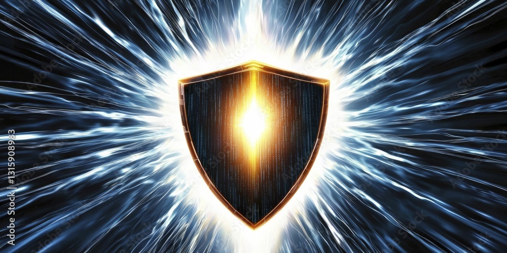 Fototapeta premium A radiant shield representing cybersecurity, encircled by dynamic data flows on a bright white canvas.