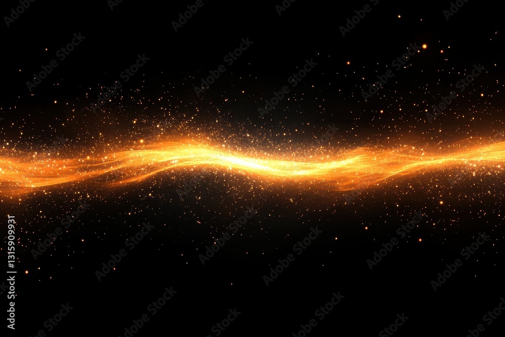 Obraz premium Golden light streak with sparkling dust on black background. Ideal for adding magical, celestial, or celebratory effects to designs.