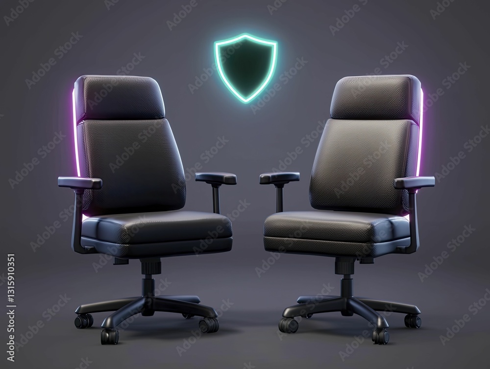 A pair of ergonomic office chairs arranged with a glowing safety shield hovering above, symbolizing workplace safety and comfort. A pair of ergonomic office chairs arranged with a glowing safety shield hovering above, symbolizing workplace safety and comfort.