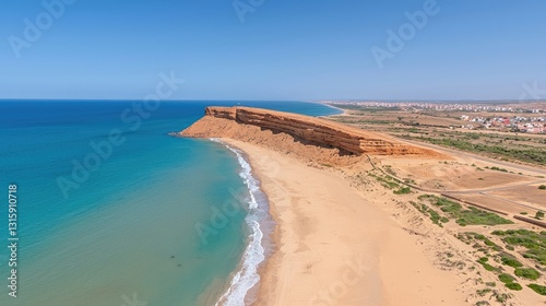 Breathtaking Aerial View of a Sandy Beach and Cliffs with Crystal Clear Water and Clear Blue Sky in a Coastal Landscape