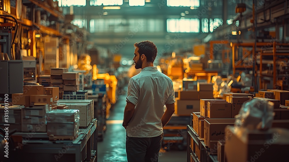 Obraz premium Man walking through a warehouse full of boxes and shelves for checking inventory.