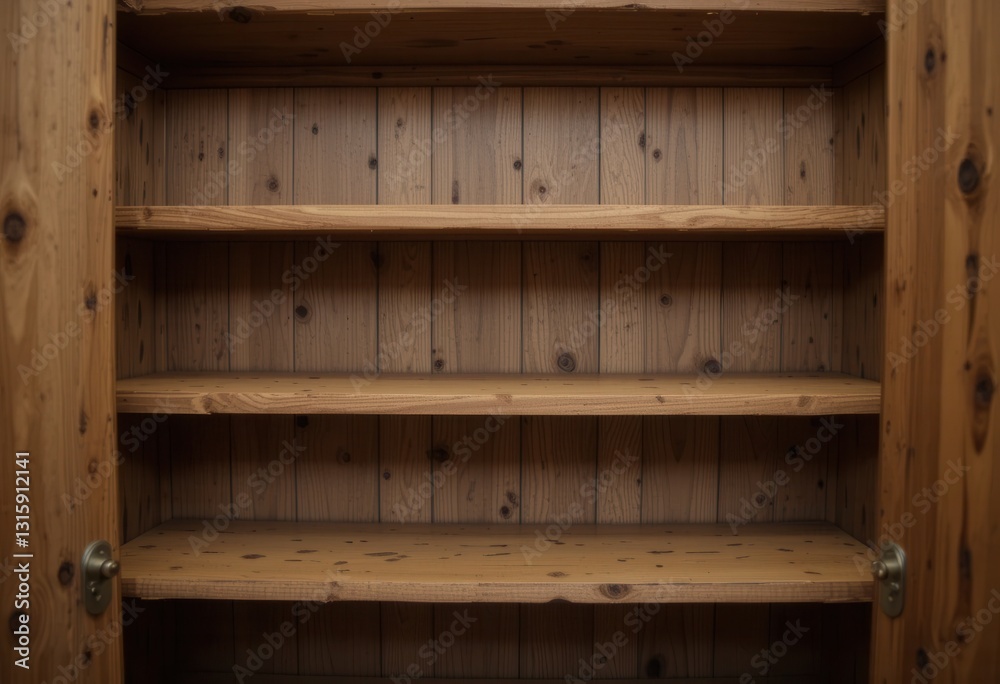Simple wooden shelves inside an empty storage cabinet Simple wooden shelves inside an empty storage cabinet