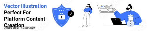 Growth-minded woman analyzes a chart, secure shield with a padlock, man holding sack of money, and laptop. Ideal for business, finance, cybersecurity, content strategy, and e-commerce projects plus