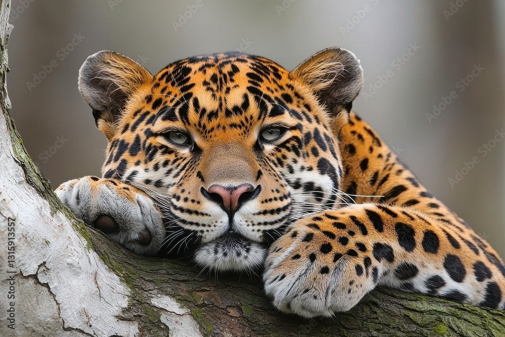 Naklejka premium Stealthy Leopard Resting on Tree Branch in Jungle