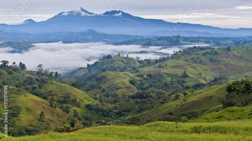 Majestic Mountain Landscape with Green Hills and Fog in Valley Under a Cloudy Sky in the Early Morning Light