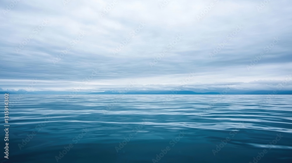 Expansive Tranquil Seascape with Calm Water and Overcast Gray Sky Reflecting on Gentle Ocean Waves Expansive Tranquil Seascape with Calm Water and Overcast Gray Sky Reflecting on Gentle Ocean Waves