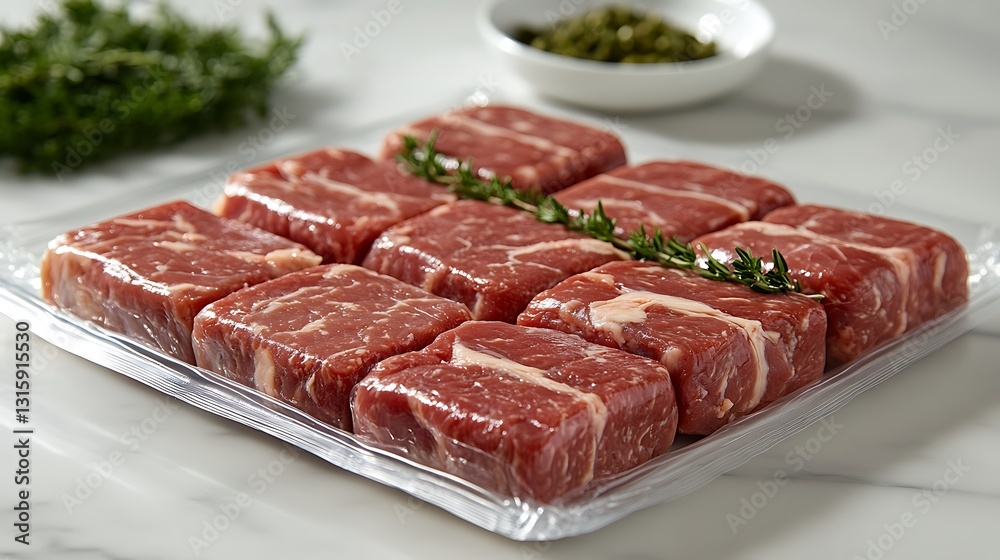 Fototapeta premium Fresh cuts of meat sealed in plastic wrap placed on a smooth white background