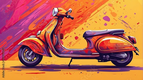 A vibrant, stylized illustration of a red scooter set against a bright yellow background.