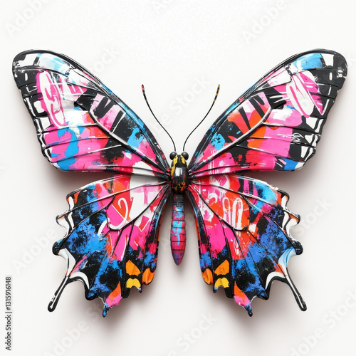 Stunning high-detail 3d butterfly with vibrant graffiti wings isolated on a clean white background for artistic display