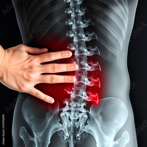 A partial X ray image of the lumbar and sacral region with a person s hand pressing against their lower back revealing signs of disc herniation and spinal instability