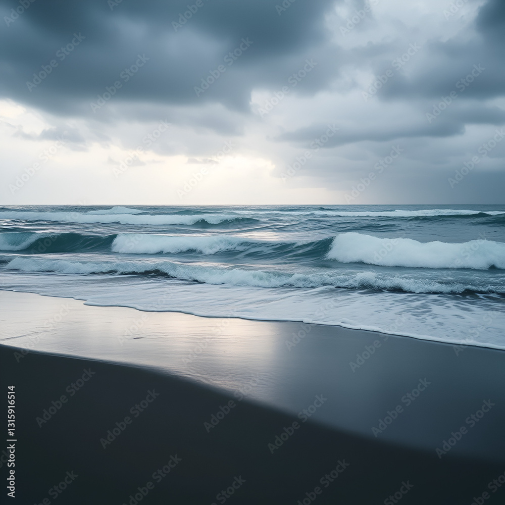 Obraz premium Moody Beach Scene with Waves and Atmospheric Sky :