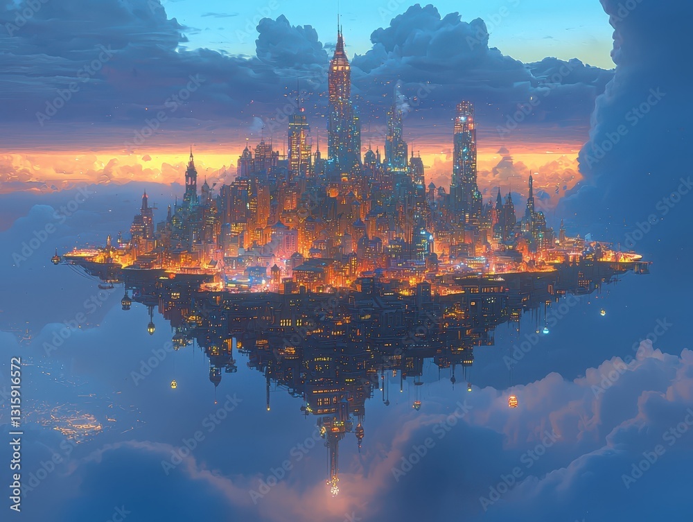Naklejka premium Floating City at Dusk with Illuminated Skyline Above Clouds