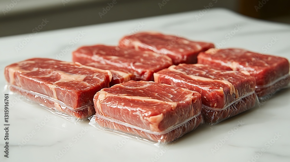Fototapeta premium Clean and fresh cuts of meat sealed in plastic wrap on a smooth white surface