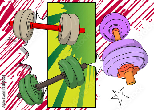 Cartoon Dumbbell, comic book Gym. Retro vector comics pop art design.