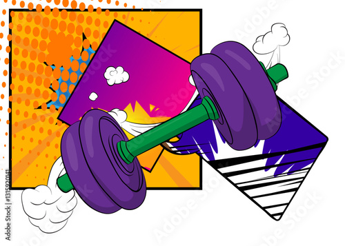 Cartoon Dumbbell, comic book Gym. Retro vector comics pop art design.