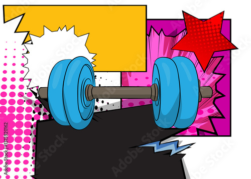 Cartoon Dumbbell, comic book Gym. Retro vector comics pop art design.