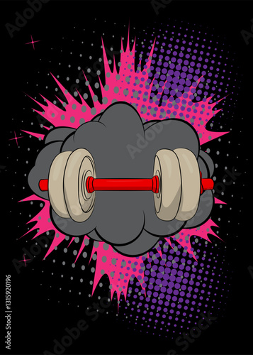 Cartoon Dumbbell, comic book Gym. Retro vector comics pop art design.