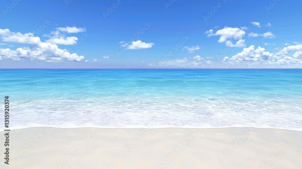 Vast Tranquil Ocean View with Gentle Waves and Bright Blue Sky at Serene Beach on a Sunny Day Vast Tranquil Ocean View with Gentle Waves and Bright Blue Sky at Serene Beach on a Sunny Day