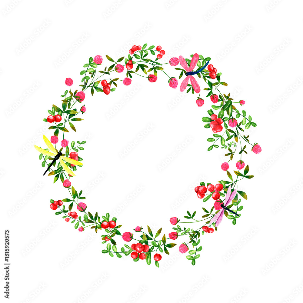 Red cowberry and clover flowers background. Set of round frames of watercolor berries and clover, dragonflies, butterflies, bumblebees. Clip art, design element. Red cowberry and clover flowers background. Set of round frames of watercolor berries and clover, dragonflies, butterflies, bumblebees. Clip art, design element.