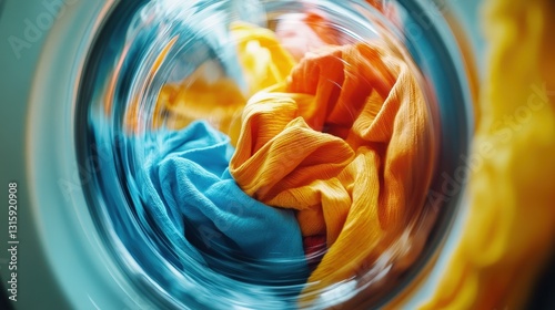 Washing vibrant clothes in a washing machine home laundry room close-up photography indoor circular view textile care