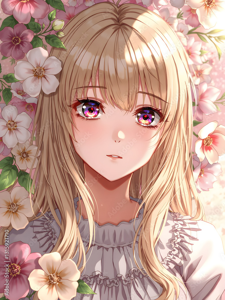 Fototapeta premium Chica de mirada encantadora en un fondo floral lleno de magia y color
