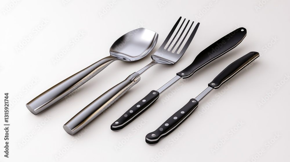 A single, ultra-detailed stainless steel BBQ grill tool set, on a pure white background, highlighting its heat-resistant handles and durable build with professional studio lighting A single, ultra-detailed stainless steel BBQ grill tool set, on a pure white background, highlighting its heat-resistant handles and durable build with professional studio lighting