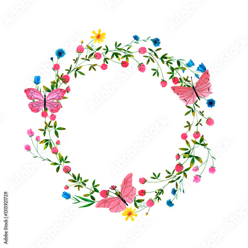 Round frame with clover and wild flowers. Hand drawn watercolor flowers, butterflies, dragonflies and bumblebees. Design for paper, background, menu, poster, textile, wallpaper, business cards.