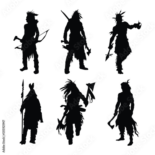 Native American warriors black silhouettes illustration on white background Vol 01