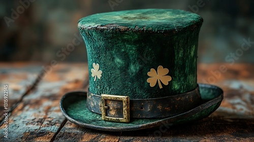 Festive green top hat with shamrock cutouts arranged on textured wood
