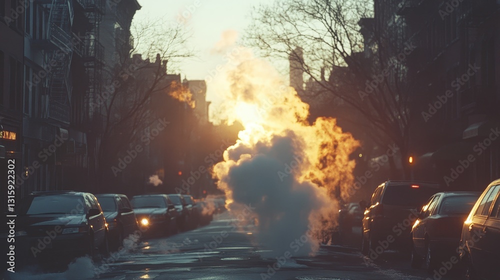 Steam rising from street urban cityscape atmospheric photography morning light perspective urban aesthetic Steam rising from street urban cityscape atmospheric photography morning light perspective urban aesthetic