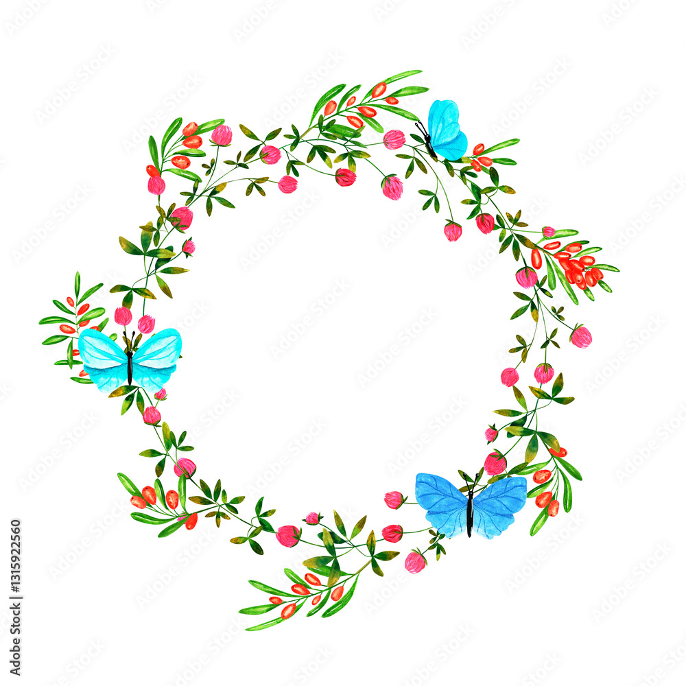 Fototapeta premium Set of round frames with watercolor sea buckthorn berries and wild flowers, butterflies, dragonflies and bumblebees. Clip art, design element.