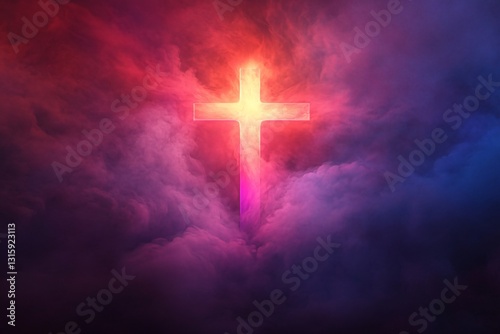ash wednesday, Vibrant cross illuminated in cosmic backdrop, colorful spiritual symbol representing faith and hope, ideal for religious themes.