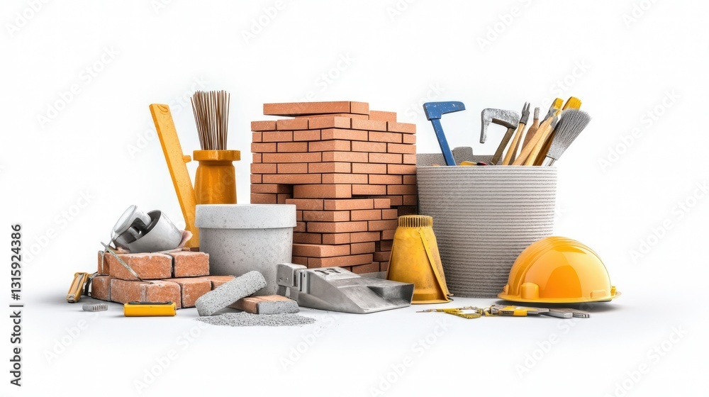 Close-up of a construction site materials pack with brick stacks, mortar mix, and hand tools, captured with clarity and precision, set against a white background for easy integration into designs Close-up of a construction site materials pack with brick stacks, mortar mix, and hand tools, captured with clarity and precision, set against a white background for easy integration into designs