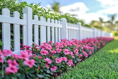 A white picket fence with pink flowers in a garden setting