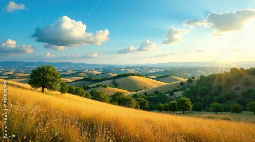 Obraz premium Serene Sunset Over Rolling Hills and Golden Fields, a Picturesque Pastoral Landscape with Lush Greenery and Solitary Trees under a Blue Sky