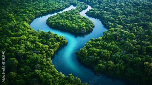 Aerial view of a winding river with turquoise water flowing through a lush tropical rainforest

