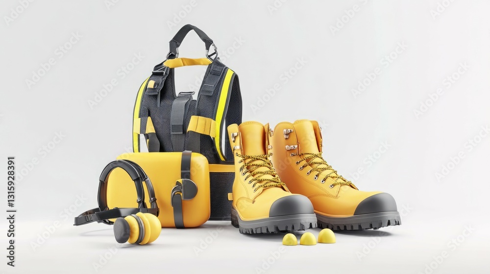 Fototapeta premium Detailed and sharp construction site safety gear with a fall protection harness, steel-toe boots, and earplugs on a white background, ready for use in industrial branding and promotional materials