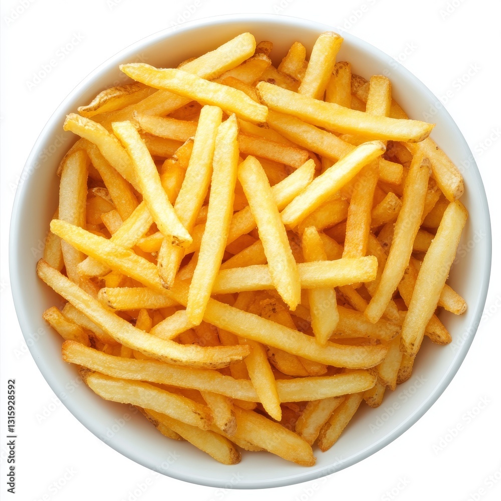 Golden French fries, freshly cooked and served in a bowl, isolated on a white background, perfect for food photography and culinary displays Golden French fries, freshly cooked and served in a bowl, isolated on a white background, perfect for food photography and culinary displays