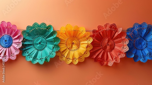 Colorful Paper Flower Garland on Orange Background photo