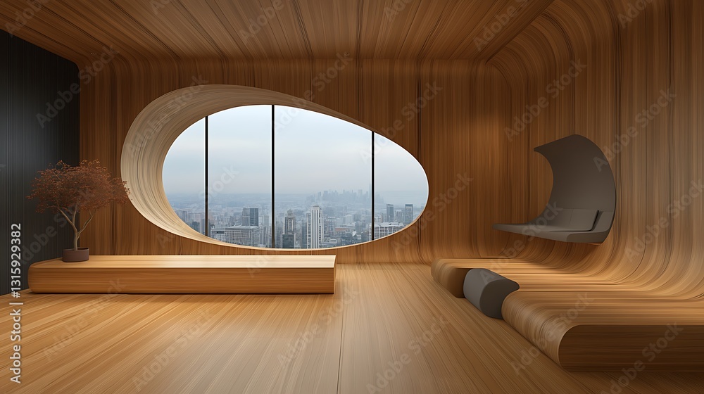 Obraz premium Modern Wooden Interior Design: 3D Render of a City View Room AI Generated