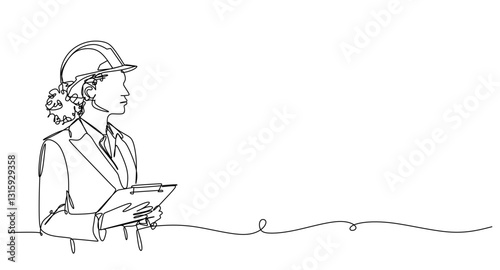 continuous single line drawing of female civil engineer or architect with hard helmet and clipboard  line art vector illustration