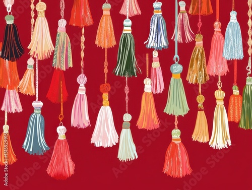 Colorful Tassels Hanging Against a Red Background