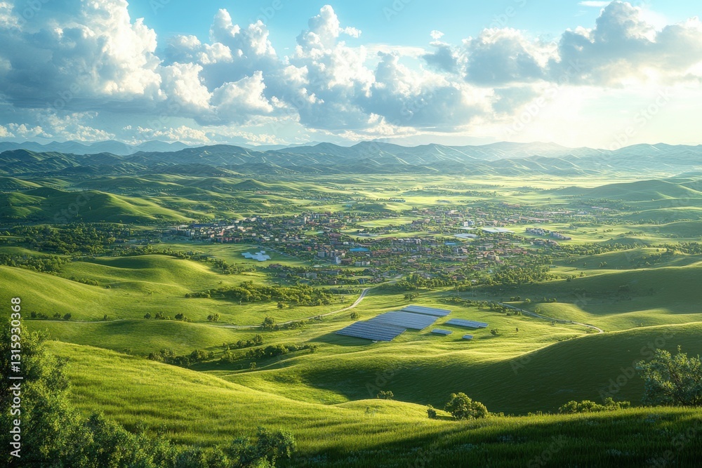 Fototapeta premium Panoramic view of a solar array in a lush, green valley. The serene landscape features rolling hills and a distant town under a bright sky. isolated on transparent background