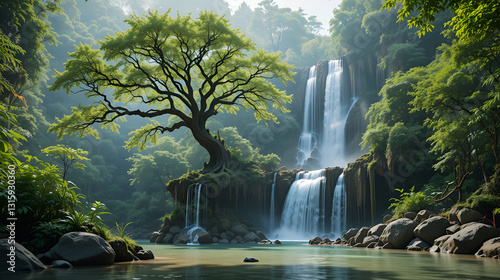 tree and waterfall , Tat Kuang Si waterfall