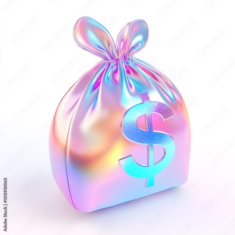 Holographic Money Bag Icon in 3D with Iridescent Colors Holographic Money Bag Icon in 3D with Iridescent Colors
