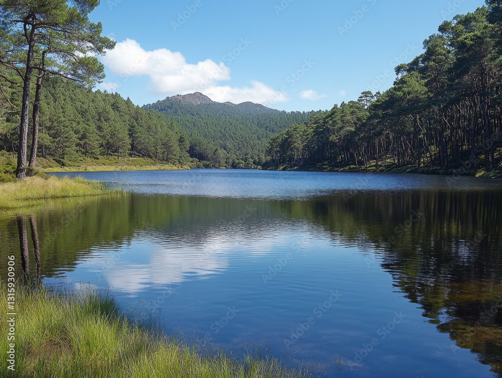 Serene lake surrounded by lush nature inviting peaceful hikes and tranquility in a beautiful outdoor setting Serene lake surrounded by lush nature inviting peaceful hikes and tranquility in a beautiful outdoor setting