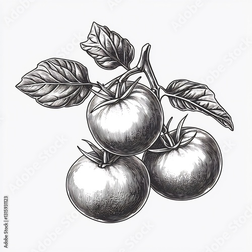Hand-drawn Vine Ripe Tomatoes for Monochrome Illustration.