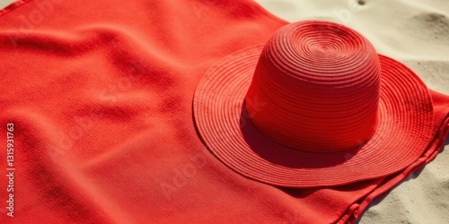 Wallpaper Mural A vibrant red sun hat rests gently on a matching beach towel, ready for a sunny day of relaxation and leisure Torontodigital.ca